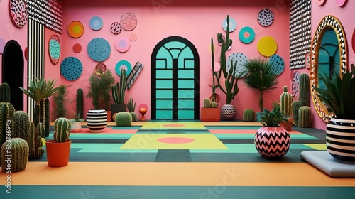 Generative AI, Memphis postmodern style interior with many plants, vibrant colors room