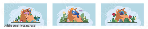Wellbeing metaphor. Vector illustration. Humcare, bedrock of caring work culture Wellbeing at work, gateway to employee satisfaction Support of professional growth, buoyant force behind career