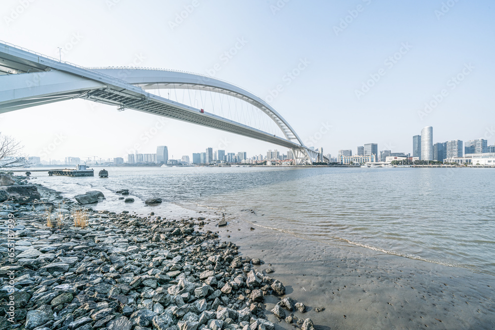 Naklejka premium bridge and river, Shanghai, China
