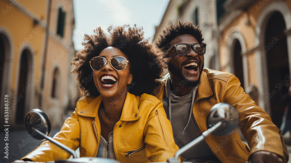 carefree traveller african american young marry lover couple enjoy riding town tour cheerful leisure moment in old city market town daytime travel,ai generate