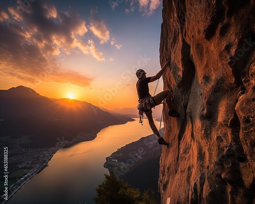 extream sport A person climbing a rock face at sunset young man climb cliff moutain extream sport activity risk lifestyle nature mountain and beautiful sunset sky background