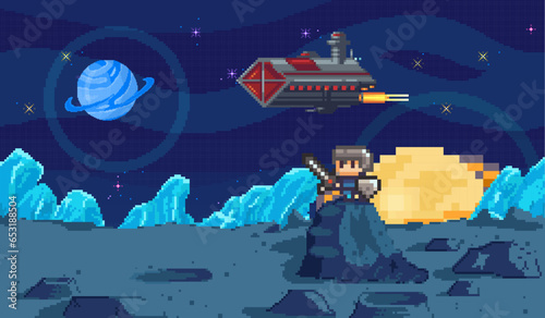 Space exploration illustration, fantasy alien landscape. Cartoon pixel art background. Horizontal cosmic banner. Another planet concept. Universe of spherical star objects. Pixelated location for game