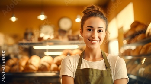 A female baker smiles in a bakery.