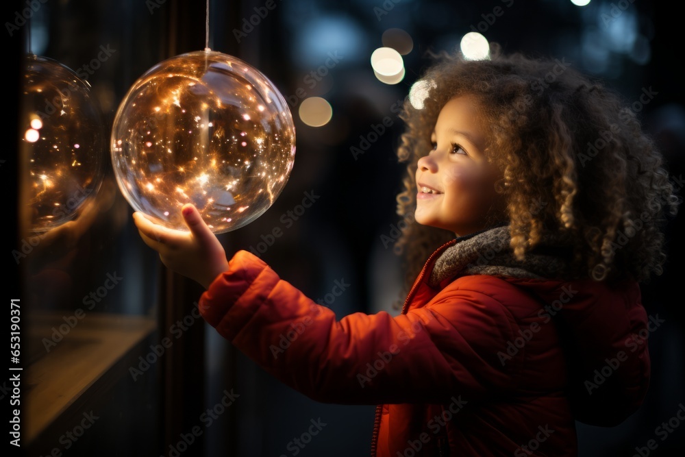 Naklejka premium Child reaching out to touch a holiday ball displayed in the studio window, Generative AI