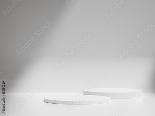 Empty white round podium, modern pedestal and platform, stand stage, cylinder, round empty stages and podium 3d template for product presentation. © CreatifyStudio