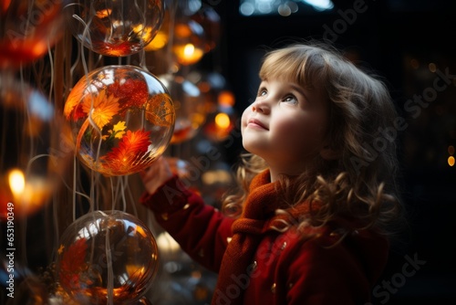 Child gazing in awe at the colorful holiday balls through the studio window, Generative AI 