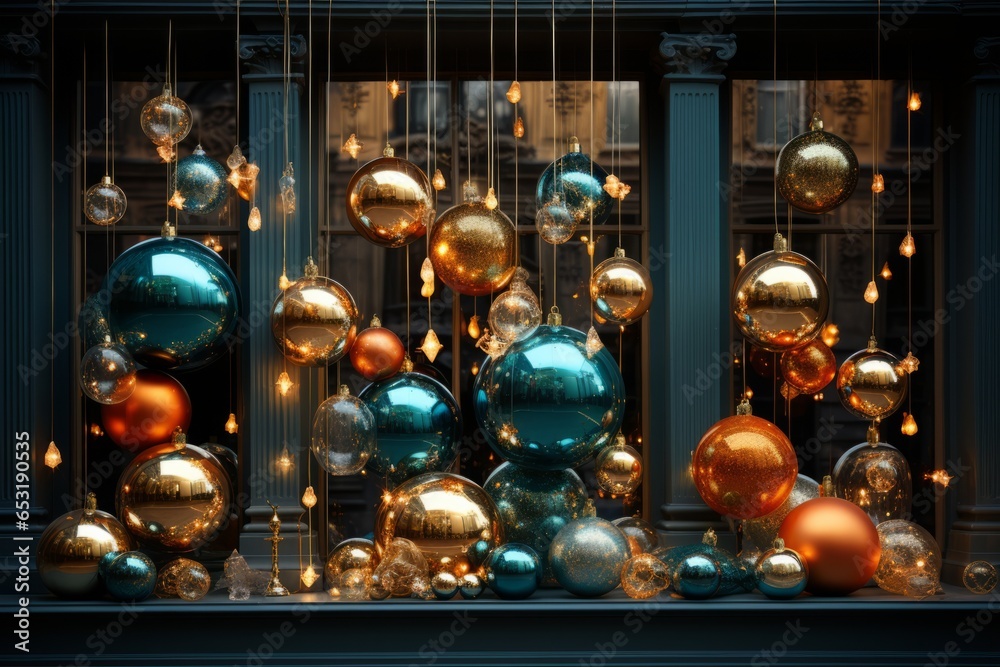 Studio window adorned with sparkling holiday balls of various sizes, Generative AI Studio window adorned with sparkling holiday balls of various sizes, Generative AI