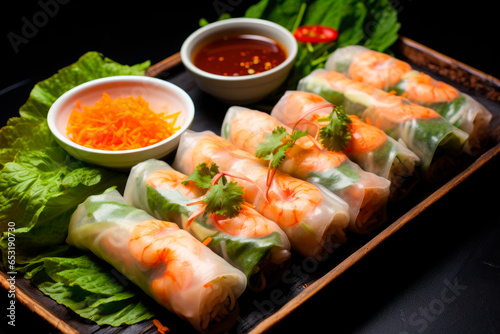 vietnamese spring rolls with sauce on wooden table