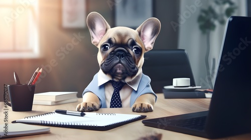 Portrait of cute french bulldog puppy wearing business suit and sitting on the tabletable in office photo