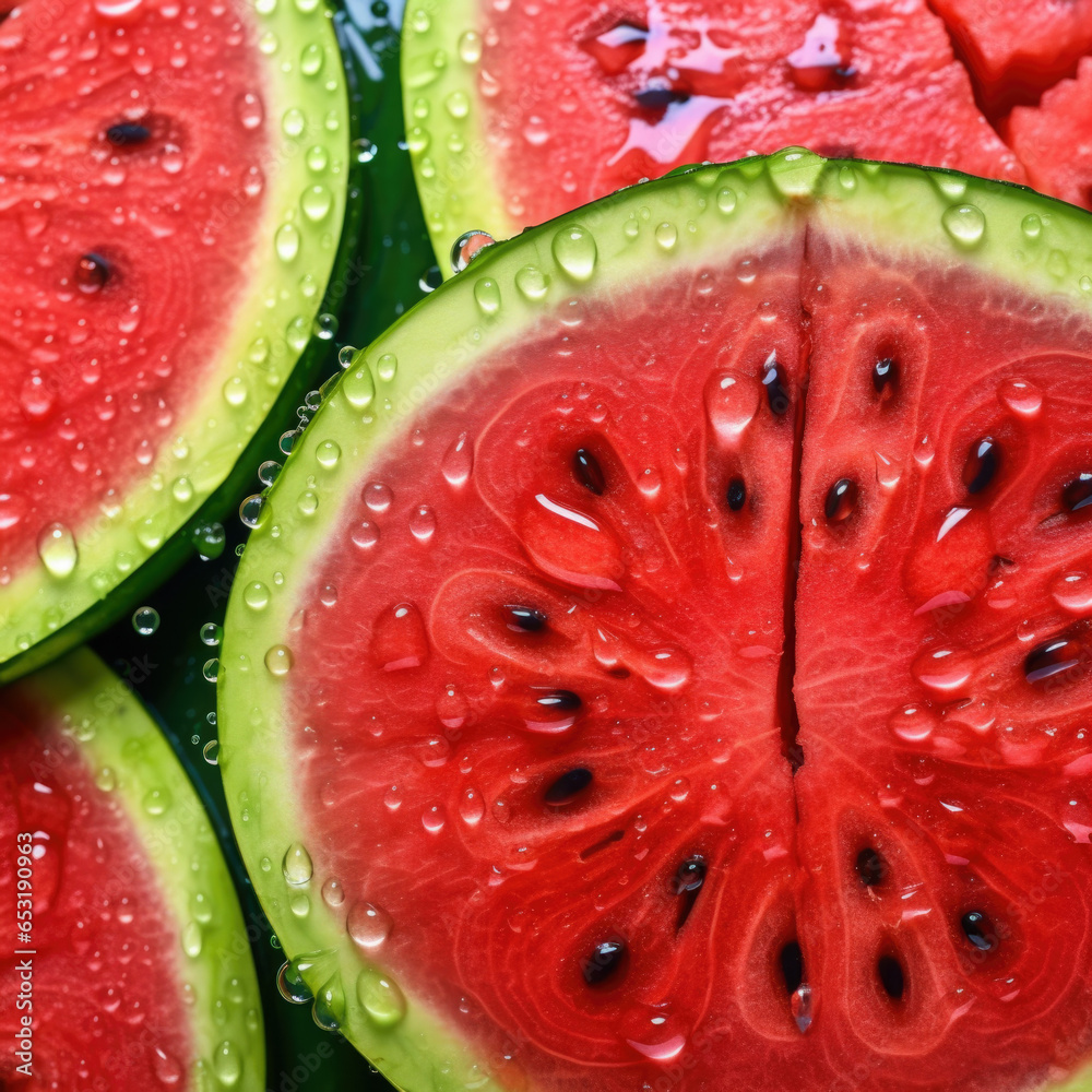Red and juicy pulp of ripe watermelon close-up with black seeds inside. Red and juicy pulp of ripe watermelon close-up with black seeds inside.