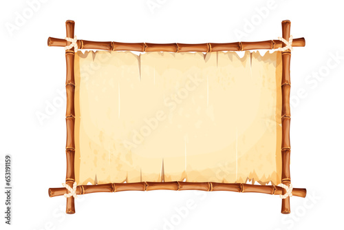 Bamboo frame with old parchment paper decorated with rope in cartoon style isolated on white background. Game ui board, sign