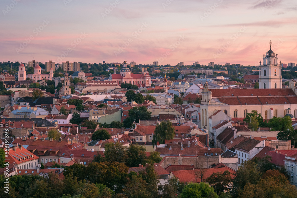 Sunset view of the Old Town from Gediminas Castle Tower, Vilnius, Lithuania