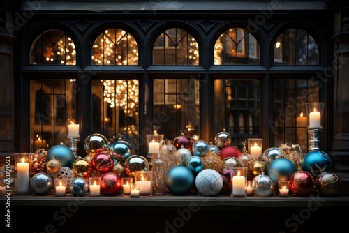 Studio window with a festive arrangement of holiday balls and twinkling fairy lights, Generative AI 