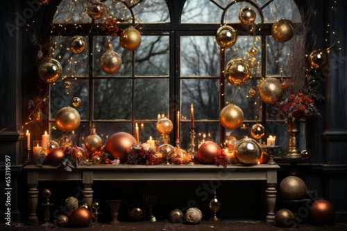 Studio window with a festive arrangement of holiday balls and twinkling fairy lights, Generative AI 