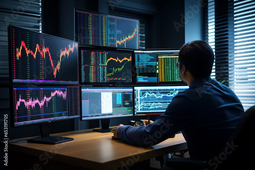 A financial analyst studying cryptocurrency market trends on multiple screens