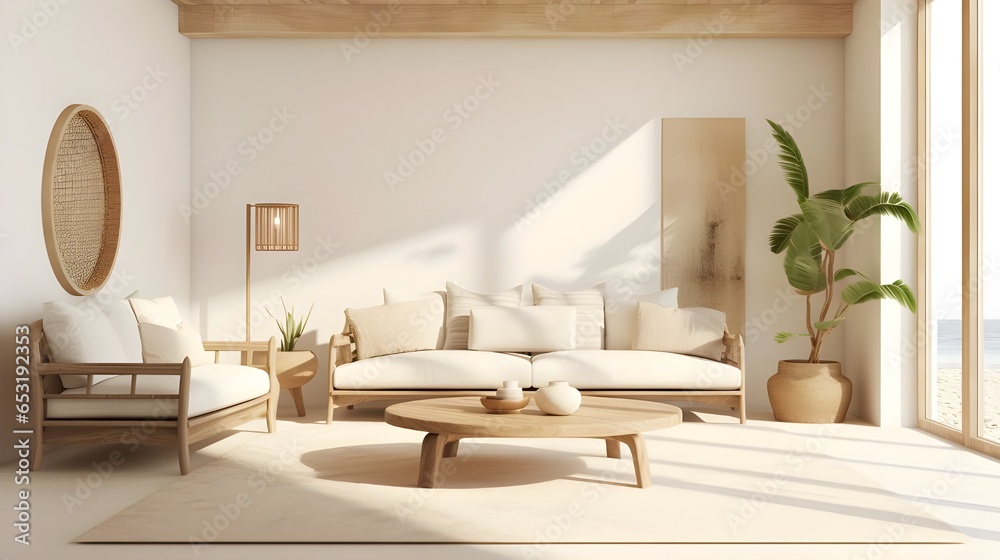 Modern House living room interior in warm beige color with furniture. - obrazy, fototapety, plakaty 