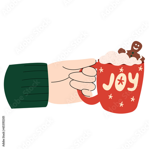 Hand holding coffee cup with gingerbread. Cup with Christmas design. Hello Winter seasonal concept. photo