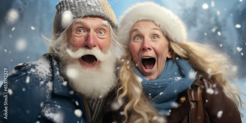 Happy smiling old retired couple on winter holidays in snowy day. Generative AI