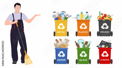 Garbage collector  collecting garbage for recycling in city street. Responsible men and utilize trash and rubbish in different containers for waste utilization. Stop pollution vector