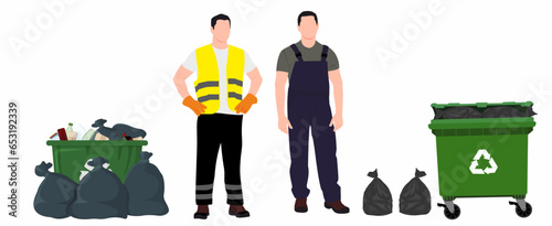 Team of garbage collectors at work. Two male workers in special uniform. Two scavengers remove garbage, leaves. Garbage bags, Garbage bin, Cleaning concept. 