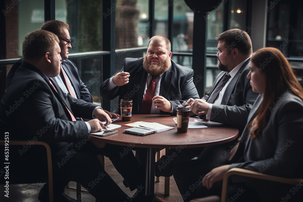 A plus-size executive discussing a project with colleagues during a coffee break