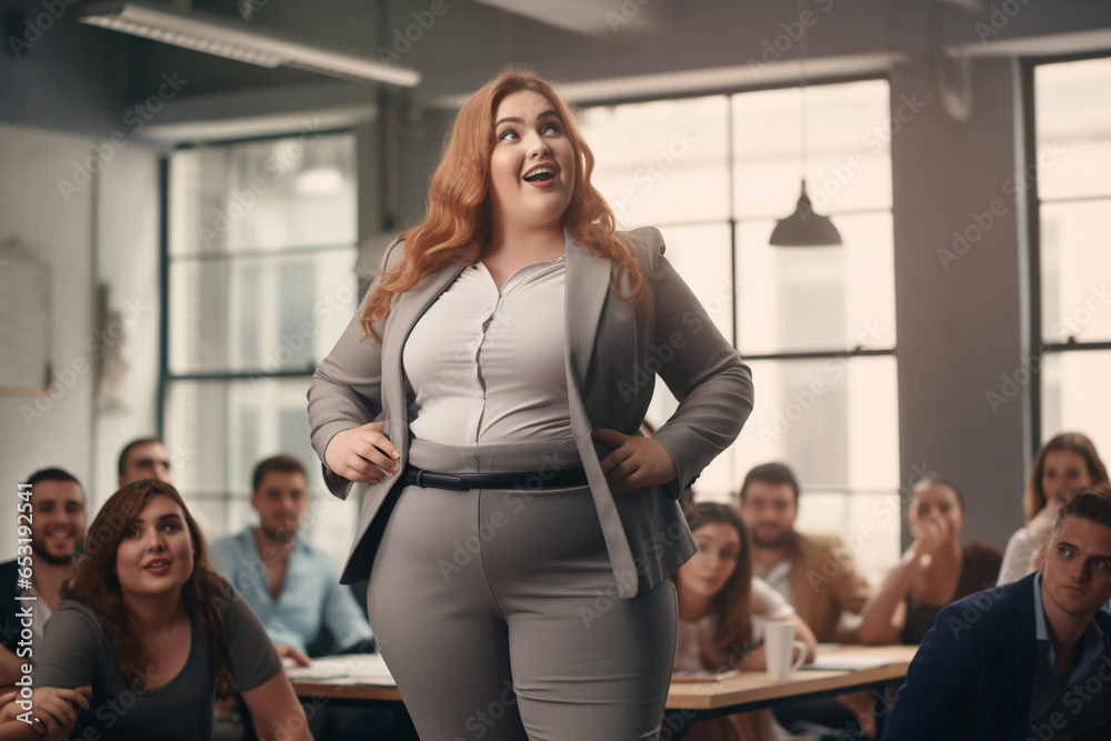A plus-size female executive giving a motivational speech to her employees