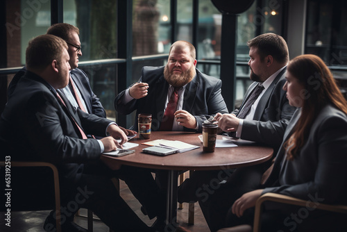 A plus-size executive discussing a project with colleagues during a coffee break