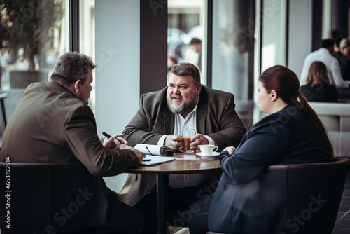 A plus-size executive discussing a project with colleagues during a coffee break