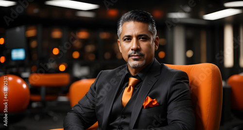 attractive mid age hispanic man with short black hair in business suit sit in a orange and black sphere ball chair. Generative ai. © kapros76