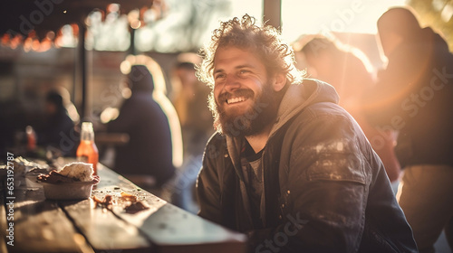 Happy homeless age of 30 sits at a table in a social centre with meal in evening. photo