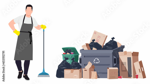 Garbage collector collecting trash into Recycling Garbage Bin.  Man posing post cleaning up trash. waste management Concept. Flat Cartoon Vector .