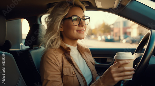 a blonde woman with glasses riding in her car holding a cup of coffee © Katewaree