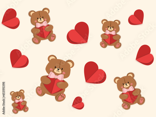 Vector pattern teddy bear with hearts. Cute Papercut pattern with valentines bear and hearts