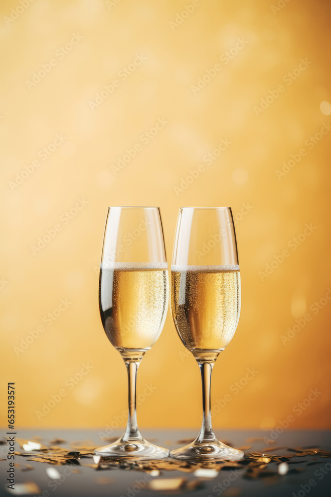 Glasses of Champagne sparkling wine, holiday concept, New year, Christmas, valentine day, golden yellow bokeh background copy space, white wine two glasses on table, alcohol drink, generative ai image