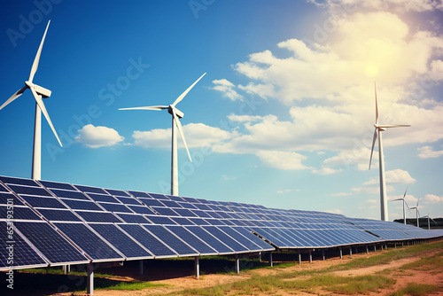 Solar panels and wind turbines generating clean energy, showcasing renewable energy solutions