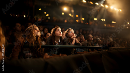 Young teen girl fans are starstruck, front row, mesmerized as they look up at their idols during a concert or show