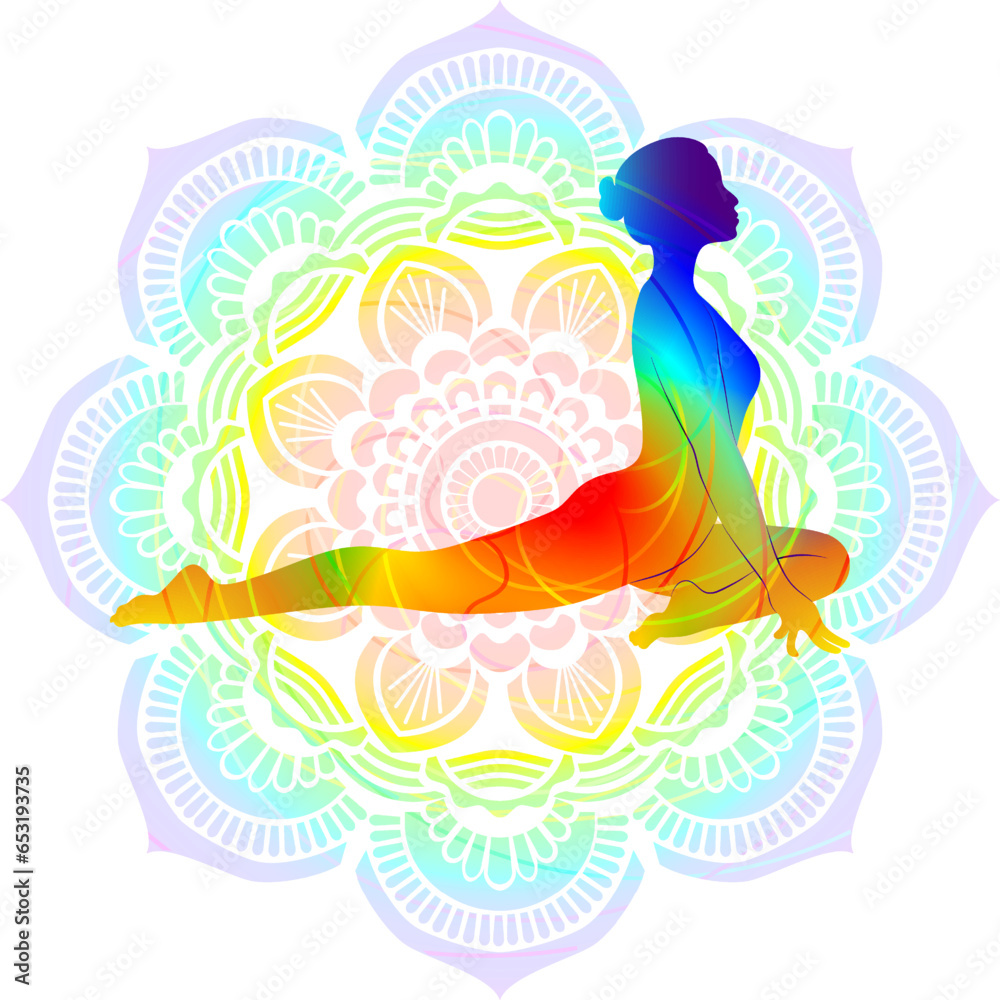 Colorful silhouette yoga posture. Half Pigeon pose or Swan pose. Seated and Backbend. Isolated vector illustration. Mandala background.