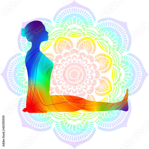 Colorful silhouette yoga posture. Half Hero pose. Ardha Virasana. Seated and Backbend. Isolated vector illustration. Mandala background.