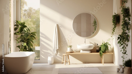 Elegant modern interior bathroom with white and beige walls and plants.