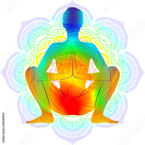 Colorful silhouette yoga posture. Garland pose or Yogi Squat pose. Malasana or Upaveshasana. Seated and Balancing. Isolated vector illustration. Mandala background.