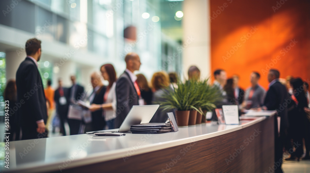 The conference registration desk with a welcoming team, Business conference, blurred background, with copy space The conference registration desk with a welcoming team, Business conference, blurred background, with copy space