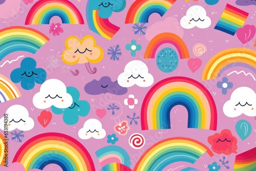 Cute rainbow on pattern background. Generative AI