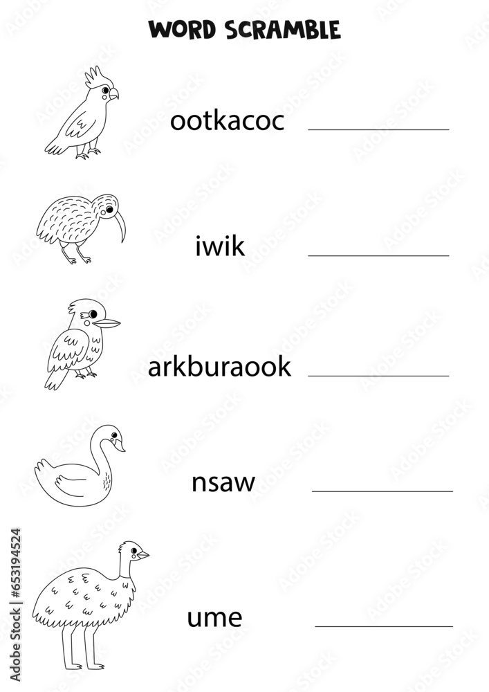 Puzzle for kids. Word scramble for children. Black and white  Australian animals.