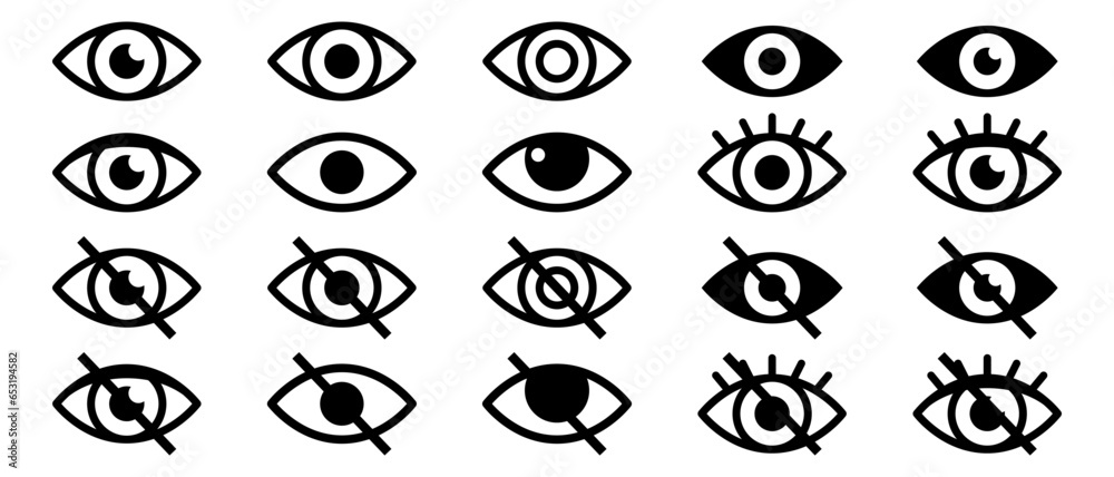Naklejka premium Eye icon set. Eyesight symbol. Retina scan eye icons. Simple eyes collection. Eye silhouette. Black eye symbol set. Vector EPS 10