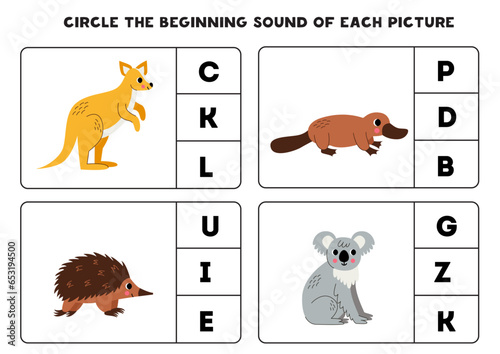 Worksheet for kids. Find the beginning sound of cute Australian animals.