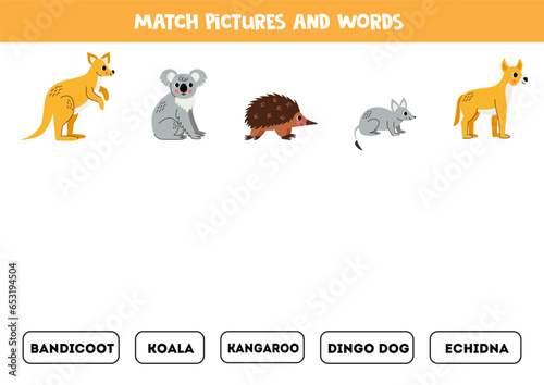 Match pictures and words. Logical puzzle for kids. Australian animals.