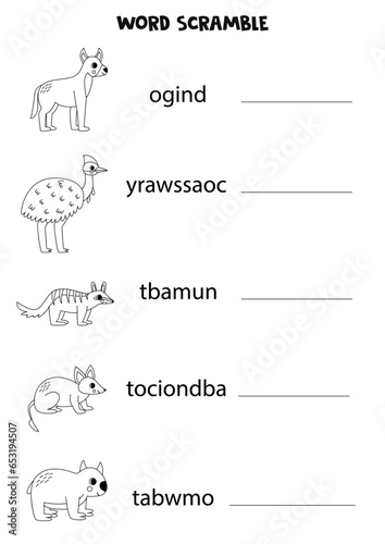 Puzzle for kids. Word scramble for children. Black and white  Australian animals.