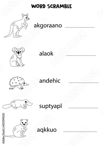 Puzzle for kids. Word scramble for children. Black and white  Australian animals.