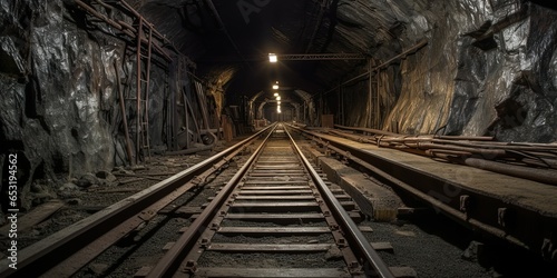 Underground mining tunnel with rails