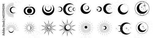 Circle pattern set with clouds, moon, sun, stars. The sun, moon phases, crystals, magic symbols. Vector collection in oriental chinese, japanese, korean style. Line hand drawn illustration EPS 10